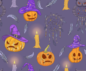 Halloween seamless pattern with pumpkins, dream catchers, candles and feathers.