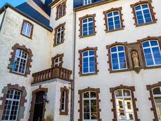 Fototapeta na wymiar Present Renaissance facade of the Castle of Wiltz at Wiltz, Luxembourg, architectural detail