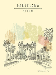 Barcelona, Catalonia, Spain. Arc de Triomf (Triumphal Arch). Hand drawn vintage touristic postcard