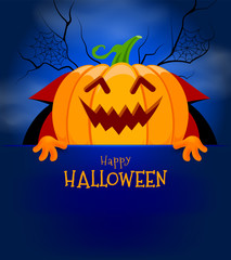 Cartoon pumpkin holding blank paper banner for text. Illustration on blue background. Halloween design element for banner, postcard, poster.