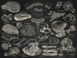 Meat, vegetables, beef, cabbage, garlic, lettuce, salmon, radish, carrot, celery, chicken, bacon, avocado, eggplant, cucumber, sausage, corn, onion, broccoli, pepper, chili, potato, tomato - 292820550