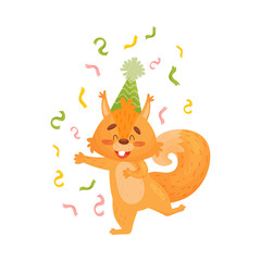 Happy Red Squirrel Dancing In A Hat. cartoon Vector Illustration Isolated On White Background.