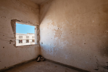 building ruin interior, inside destroyed home / house