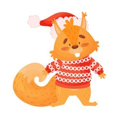 Little Red Squirrel Stands In A Christmas Hat, cartoon Vector Illustration Isolated On White Background.