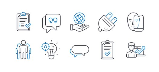 Set of Technology icons, such as Face biometrics, Quote bubble, Checklist, Messenger, Safe planet, Group, Seo idea, Electric plug, Approved checklist, Success business line icons. Vector