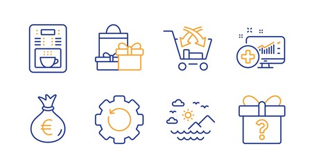 Recovery gear, Money bag and Medical analytics line icons set. Shopping, Coffee maker and Sea mountains signs. Cross sell, Secret gift symbols. Backup info, Euro currency. Business set. Vector