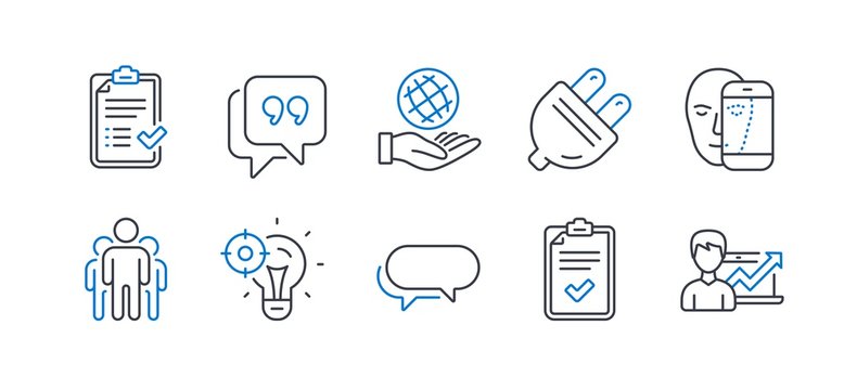Set of Technology icons, such as Face biometrics, Quote bubble, Checklist, Messenger, Safe planet, Group, Seo idea, Electric plug, Approved checklist, Success business line icons. Vector