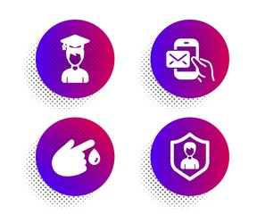 Messenger mail, Blood donation and Student icons simple set. Halftone dots button. Security agency sign. New e-mail, Injury, Graduation cap. People protection. People set. Vector