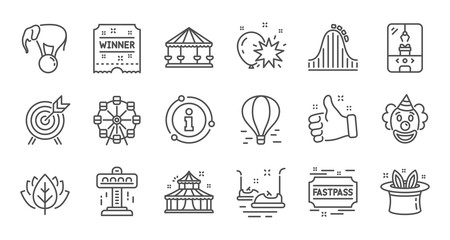 Amusement park line icons. Carousel, Roller coaster and Circus. Ferris wheel linear icon set. Quality line set. Vector