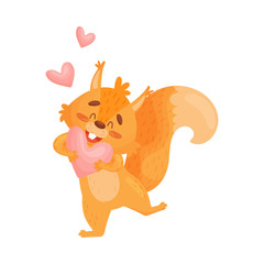 Vector cartoon Illustration With Squirrel And Hearts. For Greeting Card For Birthday Or Saint Valentines Day.
