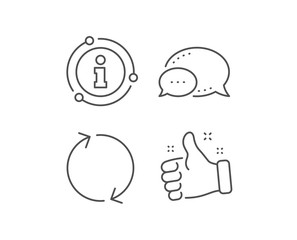 Refresh arrow line icon. Chat bubble, info sign elements. Rotation Arrowhead symbol. Navigation pointer sign. Linear refresh outline icon. Information bubble. Vector