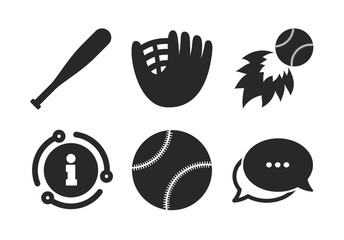 Ball with glove and bat signs. Chat, info sign. Baseball sport icons. Fireball symbol. Classic style speech bubble icon. Vector