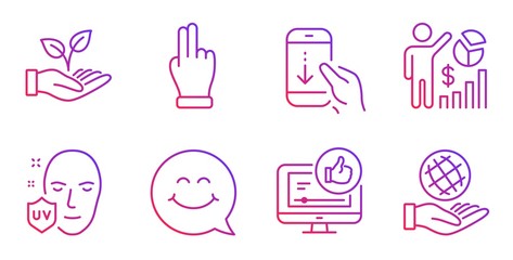 Like video, Smile face and Helping hand line icons set. Click hand, Seo statistics and Uv protection signs. Scroll down, Safe planet symbols. Thumbs up, Chat. People set. Vector