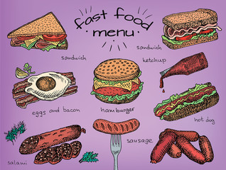 fast food menu, hamburger, snack, bread, burger, sandwich, chicken, poster,   breakfast,  eggs, sausage, bacon, salami, ketchup, omelet - 292823383