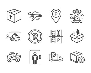 Set of Transportation icons, such as No parking, Medical helicopter, Delivery timer, Truck parking, Tractor, Elevator, Lighthouse, Open box, Package, Airplane line icons. No parking icon. Vector