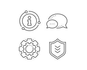 Shield line icon. Chat bubble, info sign elements. Protection symbol. Business security sign. Linear shield outline icon. Information bubble. Vector