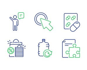 Agent, Capsule pill and Shopping bags line icons set. Click here, Refill water and Strategy signs. Business person, Medicine drugs, Sale discount. Push button. Business set. Vector