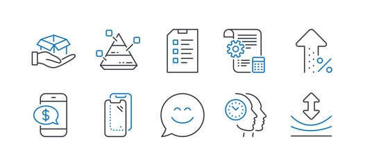 Set of Technology icons, such as Pyramid chart, Phone payment, Smartphone glass, Settings blueprint, Smile chat, Increasing percent, Hold box, Time management, Checklist, Resilience. Vector