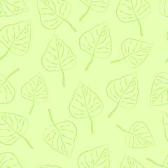 Beautiful vector seamless pattern of leaf outlines on green background.