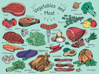 Meat, vegetables, beef, cabbage, garlic, lettuce, salmon, radish, carrot, celery, chicken, bacon, avocado, eggplant, cucumber, sausage, corn, onion, broccoli, pepper, chili, potato, tomato - 292824754