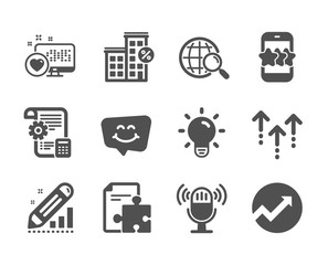 Set of Technology icons, such as Smile chat, Web search, Loan house, Audit, Swipe up, Edit statistics, Heart, Microphone, Star, Settings blueprint, Light bulb, Strategy classic icons. Vector