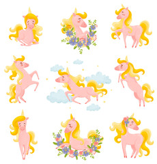 Set Of Different Kinds Of Pink Unicorns Vector Illustration