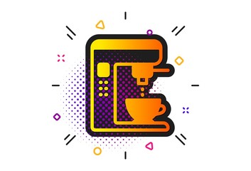 Vending machine sign. Halftone circles pattern. Coffee maker icon. Make tea symbol. Classic flat coffee maker icon. Vector