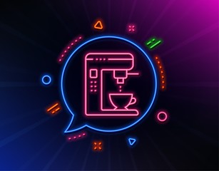 Coffee maker line icon. Neon laser lights. Vending machine sign. Make tea symbol. Glow laser speech bubble. Neon lights chat bubble. Banner badge with coffee maker icon. Vector