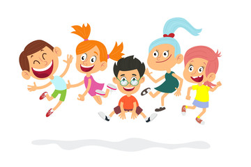 Happy pupils characters. Cute kids are playing.