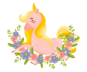 Obraz na płótnie Canvas Pretty Pink Unicorn Lying On Ornate Flower Garland Vector Illustration Isolated On White Background