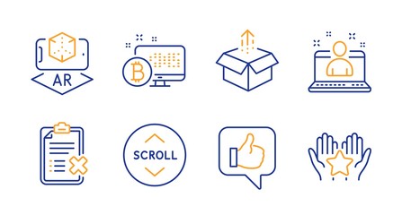 Augmented reality, Best manager and Reject checklist line icons set. Bitcoin system, Scroll down and Like signs. Send box, Ranking symbols. Phone simulation, Best developer. Technology set. Vector