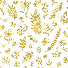 Folk vintage raster seamless pattern. Ethnic floral motif white hand drawn background. Contour tribal golden inflorescence, blossom, plants. Ditsy decorative textile, wallpaper design.
