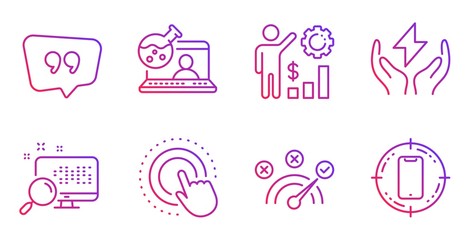 Quote bubble, Correct answer and Safe energy line icons set. Search, Employees wealth and Online chemistry signs. Click hand, Smartphone target symbols. Chat comment, Speed symbol. Vector