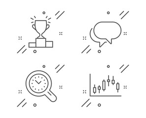 Talk bubble, Time management and Winner podium line icons set. Candlestick graph sign. Chat message, Time analysis, Competition results. Finance chart. Education set. Vector