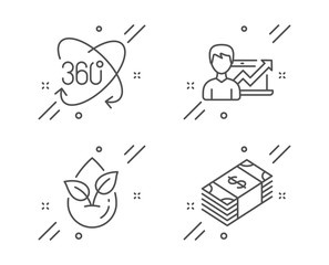 Full rotation, Success business and Organic product line icons set. Usd currency sign. 360 degree, Growth chart, Leaf. Buying commerce. Business set. Line full rotation outline icon. Vector