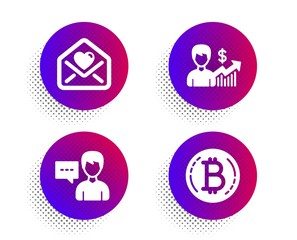 Fototapeta premium Business growth, Love letter and Person talk icons simple set. Halftone dots button. Bitcoin sign. Earnings results, Heart, Communication message. Cryptocurrency coin. Business set. Vector