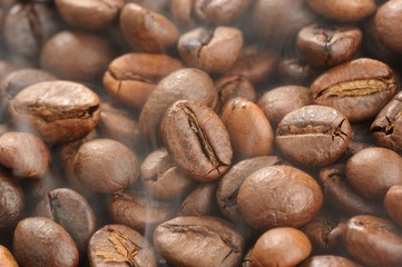 Steaming Roasted Coffee Beans Close Up