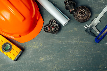 Machine engineer tools set on dark wooden background