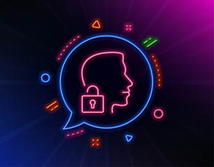 Face accepted line icon. Neon laser lights. Access granted sign. Unlock system symbol. Glow laser speech bubble. Neon lights chat bubble. Banner badge with unlock system icon. Vector