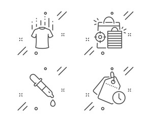 Chemistry pipette, Seo shopping and Dry t-shirt line icons set. Time management sign. Laboratory, Analytics, Laundry shirt. Clock tags. Business set. Line chemistry pipette outline icon. Vector