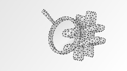 Magnifying glass on Hashtag, number mark. Chat communication analysis, media community search concept. Abstract, digital, wireframe, low poly mesh, vector white origami 3d illustration. Line, dot