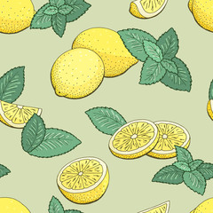 Lemon fruit mint herb graphic color seamless pattern background sketch illustration vector