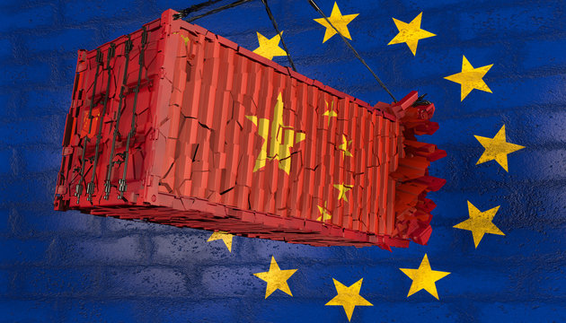 destroyed container with the flag of China after the collision with the wall symbolizing the European Union's customs barrier