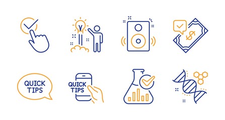 Speakers, Education and Quickstart guide line icons set. Chemistry lab, Accepted payment and Creative idea signs. Checkbox, Chemistry dna symbols. Sound, Quick tips. Education set. Vector