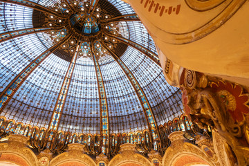 Paris, France - Sept 05, 2019: The glassroof of the Galeries Lafayette interior in Paris. Desinged by The architect Georges Chedanne