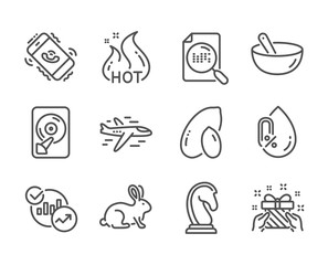 Set of Business icons, such as Statistics, Gift, Animal tested, Search file, Call center, No alcohol, Airplane, Hot sale, Cooking mix, Peanut, Marketing strategy, Hdd line icons. Vector