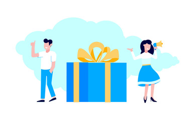 Refer a friend flat style design vector illustration isolated on white background. Woman with megaphone shout out to the people, man with thumb up and big gift box.
