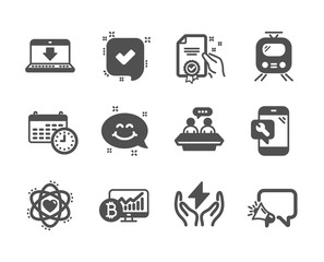 Set of Technology icons, such as Internet downloading, Megaphone, Bitcoin chart, Atom, Employees talk, Phone repair, Certificate, Confirmed, Train, Safe energy, Calendar, Smile chat. Vector