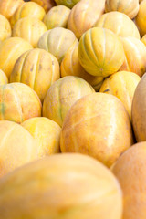 Ripe yellow shugar sweet melons on stand at the marketplace. Selective focus.