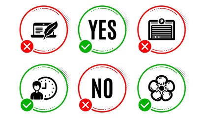 Copyright laptop, Working hours and Parking garage icons simple set. Yes no check box. Natural linen sign. Writer device, Project deadline, Automatic door. Organic tested. Business set. Vector